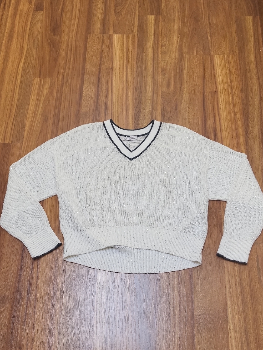 Brunello Cucinelli Sparkling Cream V-Neck Sweater with Dark Gray Trim Accents